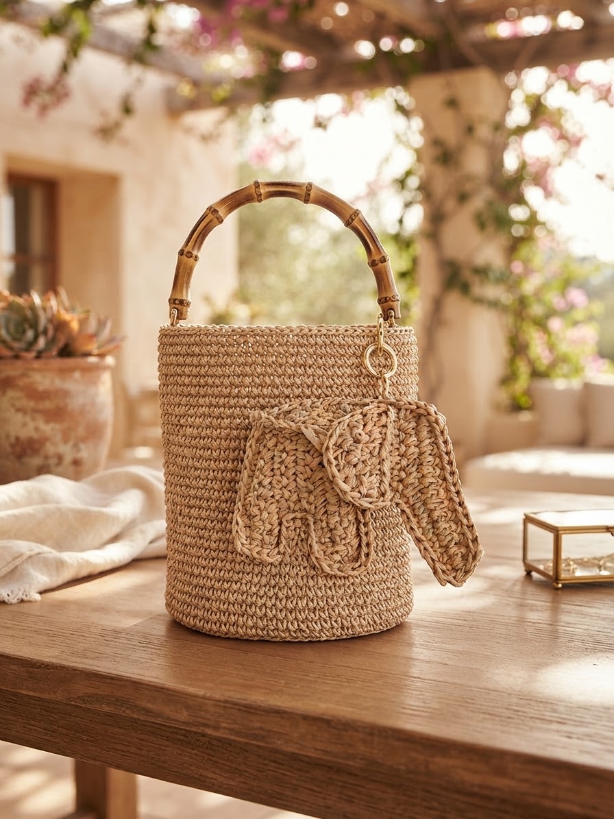 Hand-Crocheted Raffia Bucket Bag with Bamboo Handles