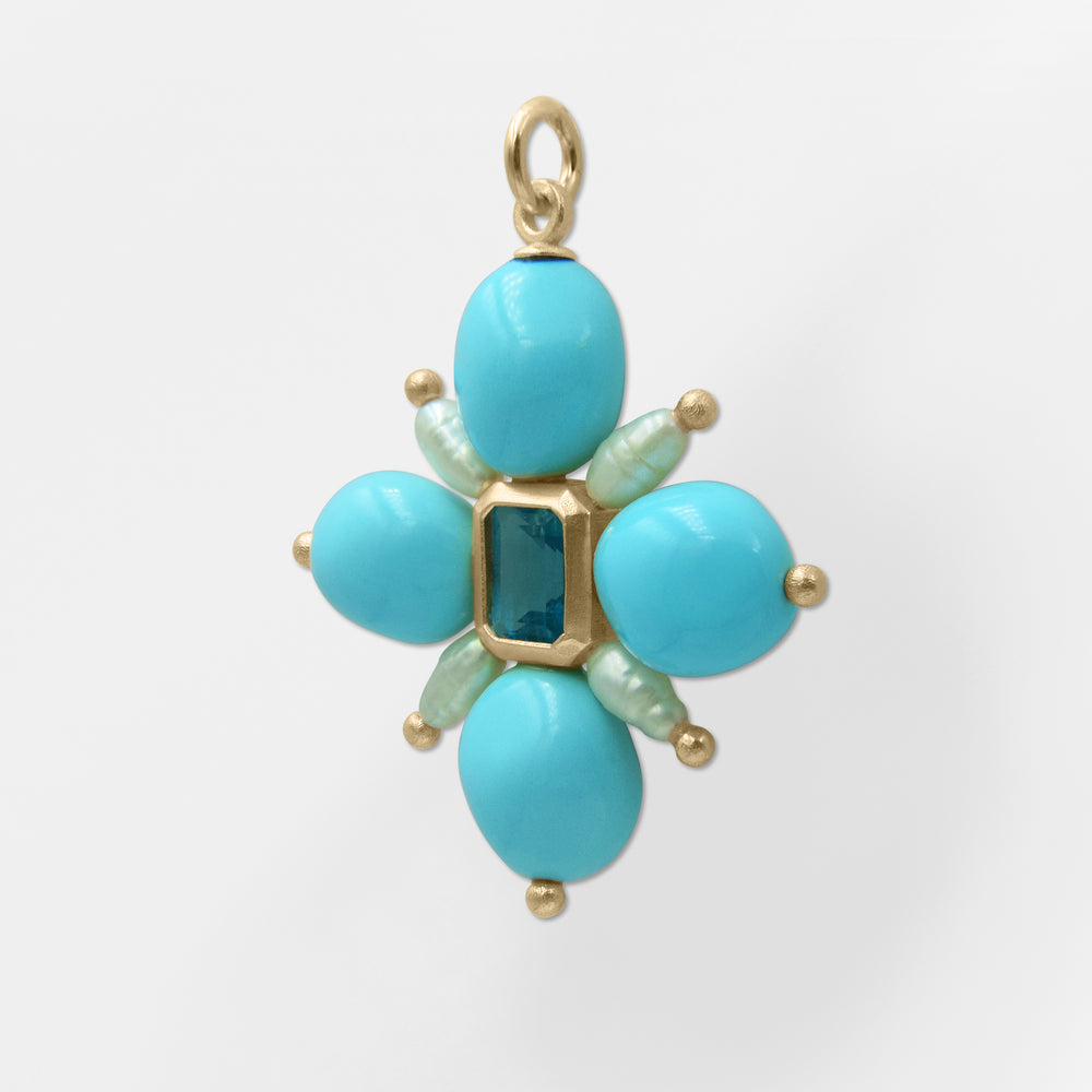 Kallos, 18k Gold Plated Turquoise, Pearl Cross Necklace - Helen Georgio