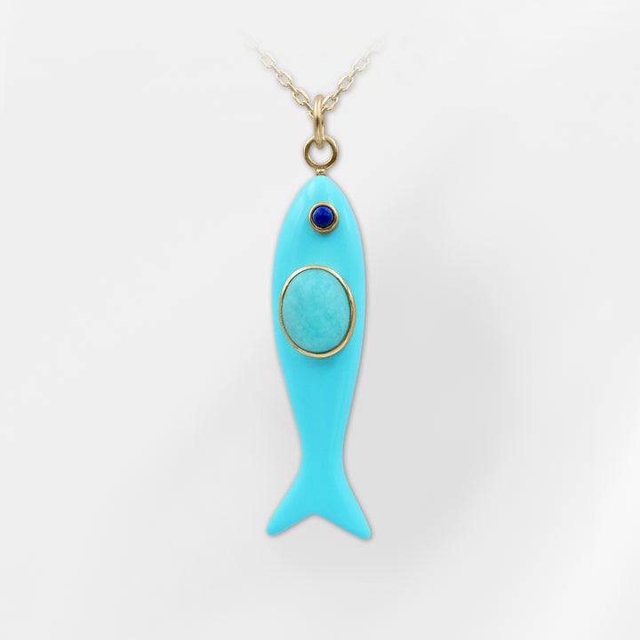 Nerida – Turquoise Fish Pendant with Amazonite and Malachite