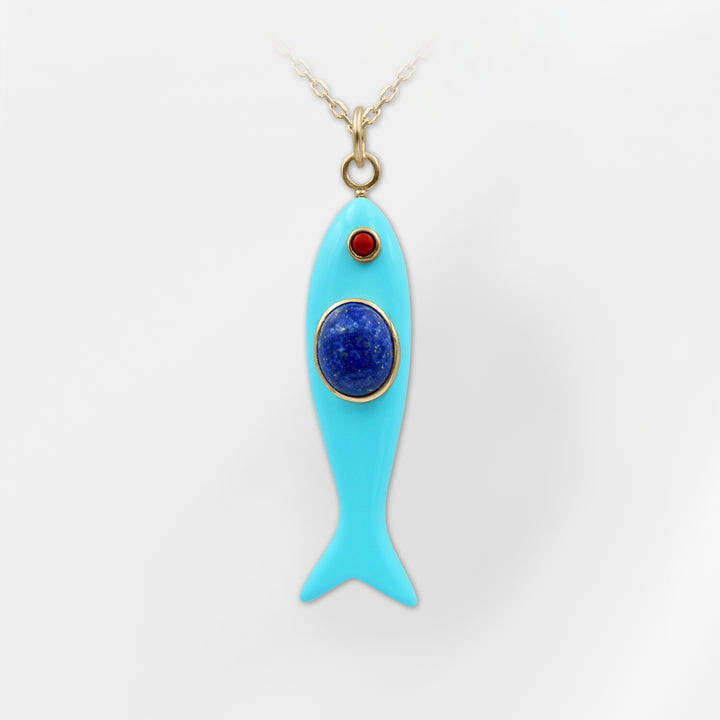 Nerida – Turquoise Fish Pendant with Lapis Lazuli and Red Coral