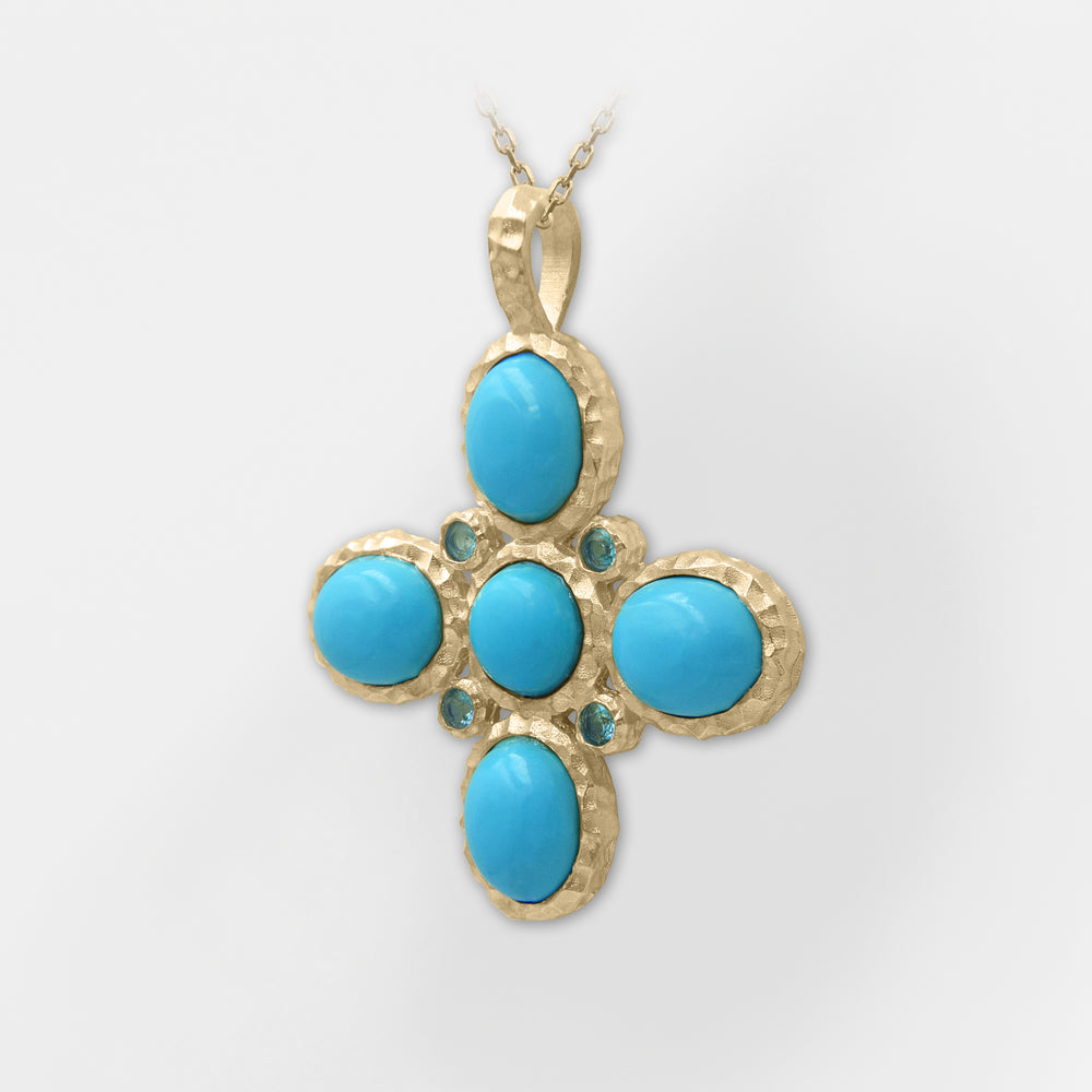 Lydia, Handmade Hammered Turquoise Statement Cross - Helen Georgio