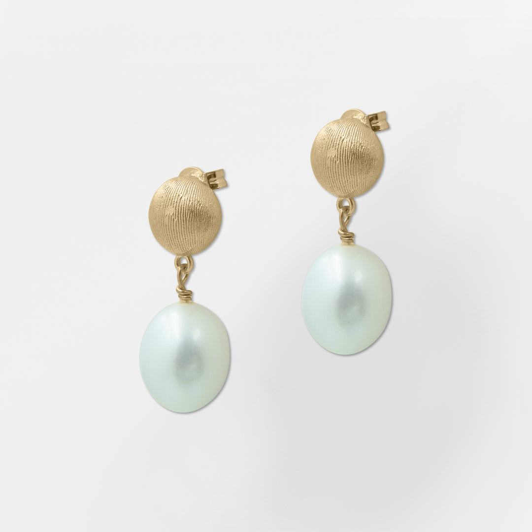 Santorini, Brushed Gold Stud Earrings with Pearl Drops - Helen Georgio