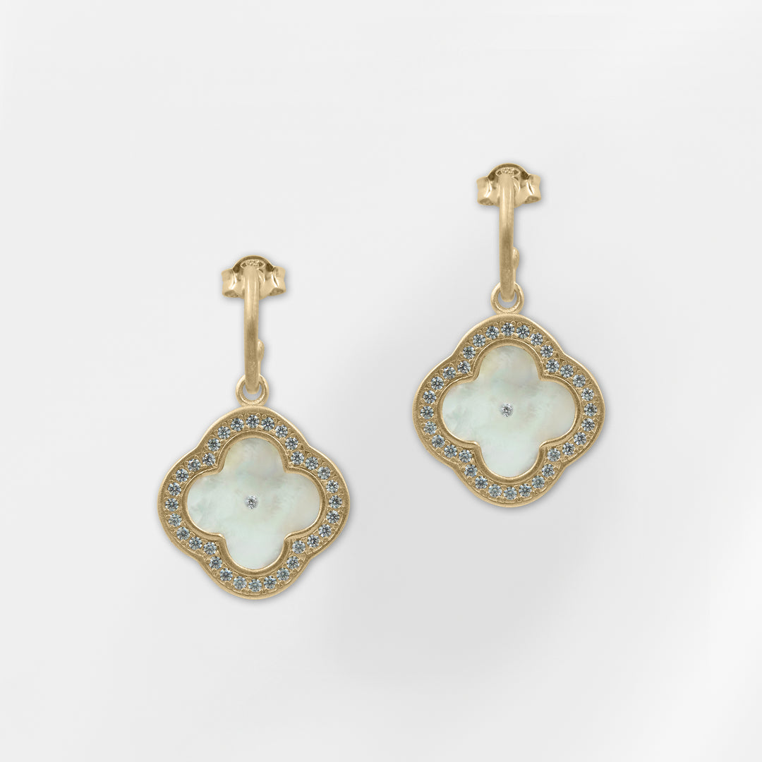 Mykonos, Mother of Pearl Clover Hoop Dangle Earrings with a frame of White Zircons - Helen Georgio