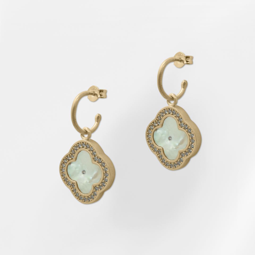 Mykonos, Mother of Pearl Clover Hoop Dangle Earrings with a frame of White Zircons - Helen Georgio