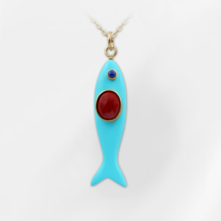 Nerida – Turquoise Fish Pendant with Lapis Lazuli and Red Coral