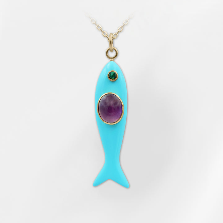 Nerida – Turquoise Fish Pendant with Lapis Lazuli and Red Coral