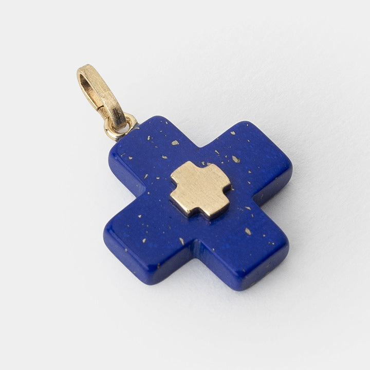 Tinos, 14K Gold and Blue Greek Cross Charm - Helen Georgio