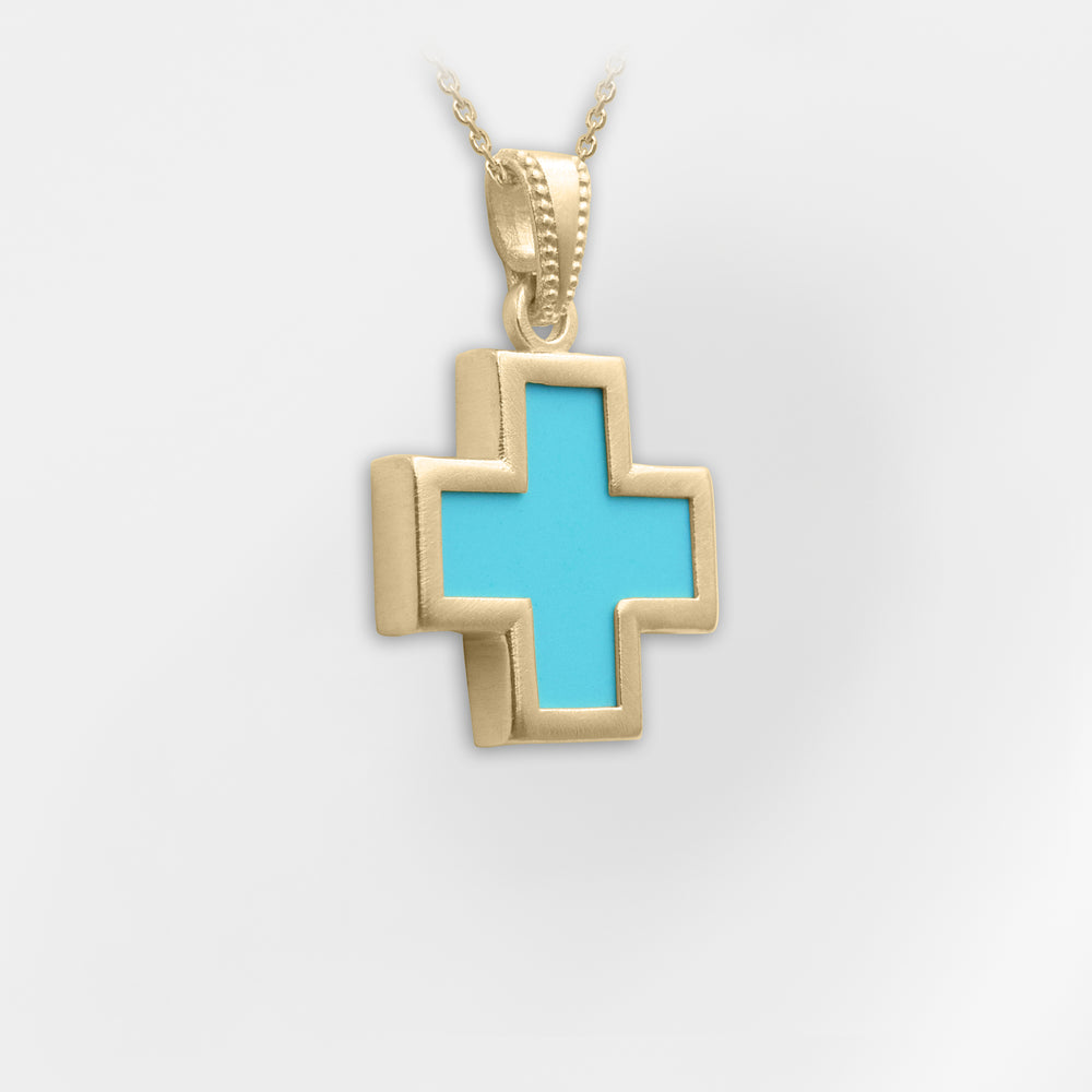 Simi, 18k Gold Plated Greek Turquoise Cross Necklace - Helen Georgio