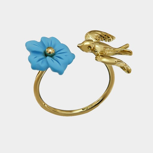 9K Yellow Gold Flower and Bird Ring