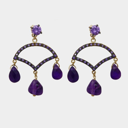 9K Yellow Gold Handcrafted Earrings with Amethyst Drops