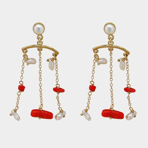 9k Yellow Gold, Freshwater Pearl and Coral Earrings by Ioanna