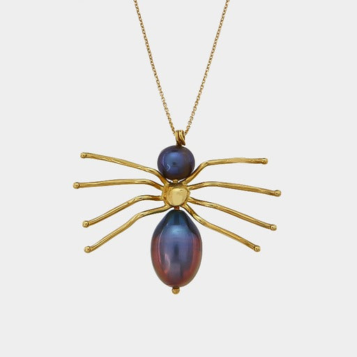 14k Gold-Black Pearl Spider Necklace