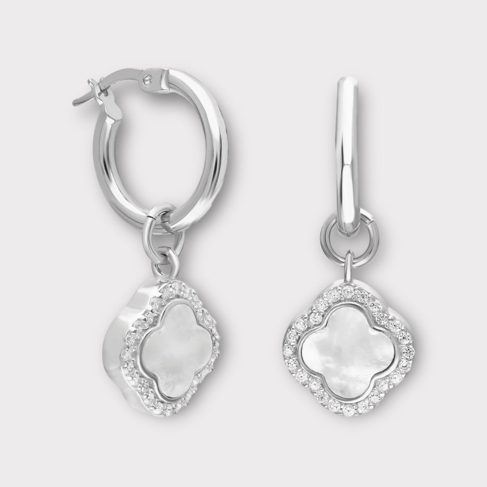 Rhea, Mother of Pearl Clover Hoop Earrings with CZ - 18k Gold Plated Sterling Silver - Helen Georgio