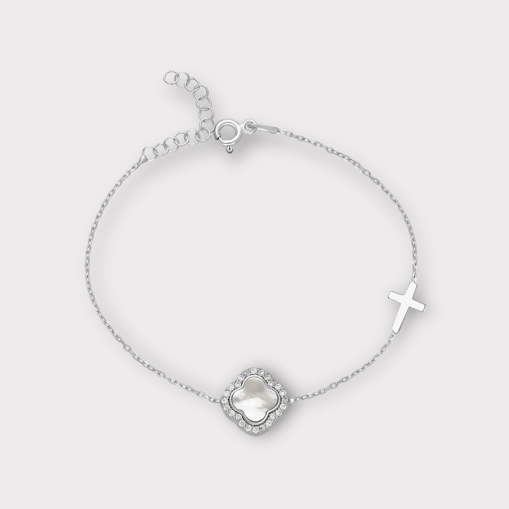 Rhea, Mother of Pearl Clover Bracelet With Cross - Helen Georgio