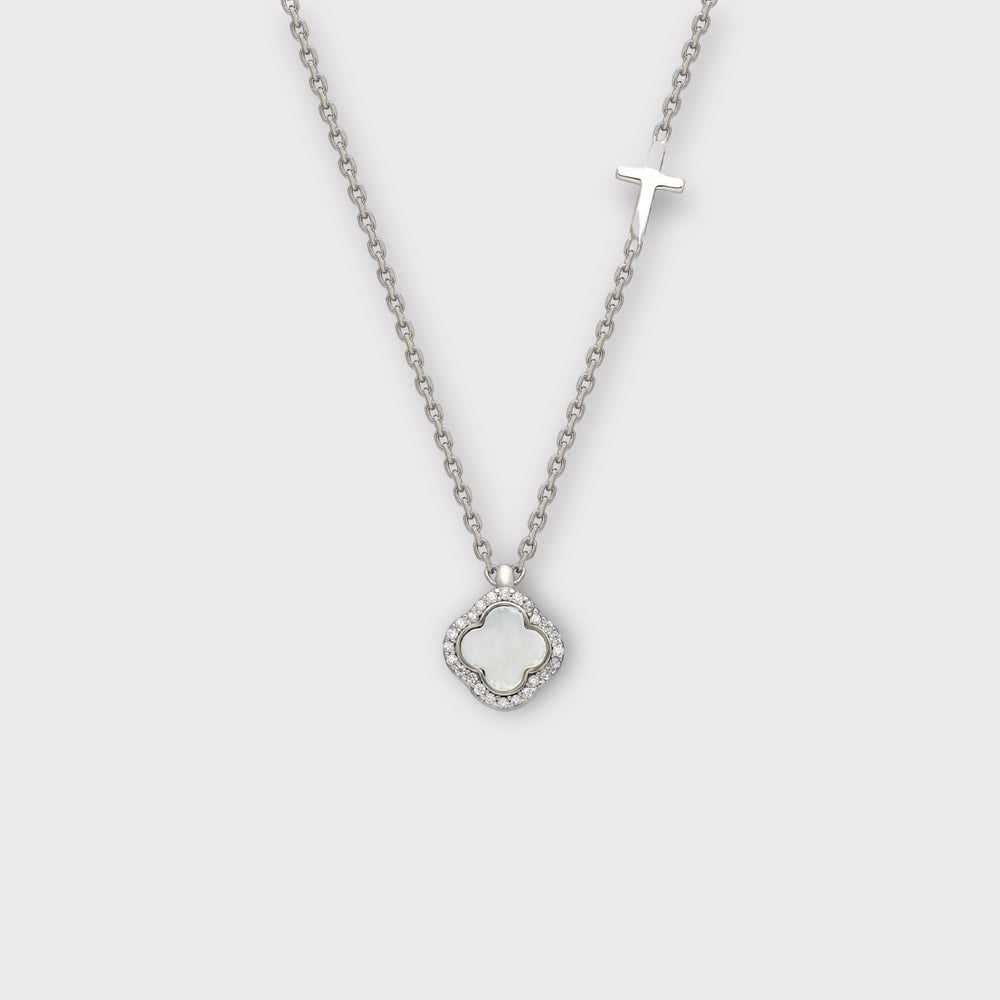 Rhea, Mother of Pearl Clover Necklace With Cross - Helen Georgio