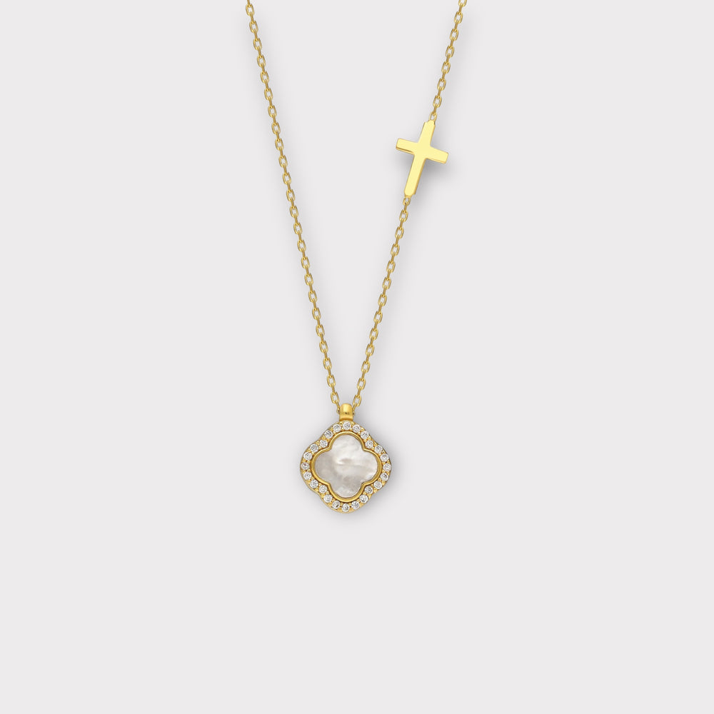 Rhea, Mother of Pearl Clover Necklace With Cross - Helen Georgio