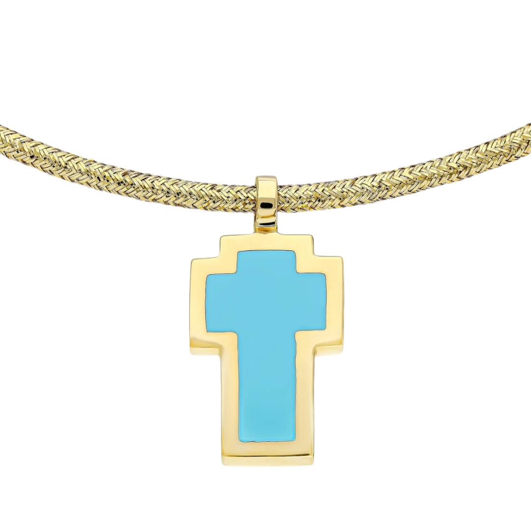 Doubled-Faced Enamel Cross Necklace Black-Turquoise