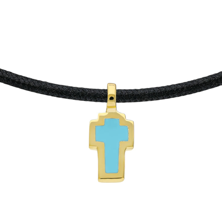 Double-Faced Small Enamel Cross Pendant Necklace White-Turquoise