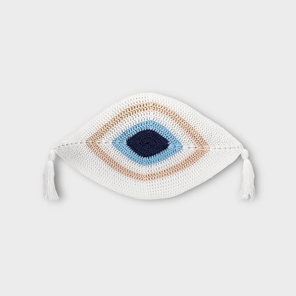 Handmade Crochet Evil Eye Pillow, Blue-White - Helen Georgio