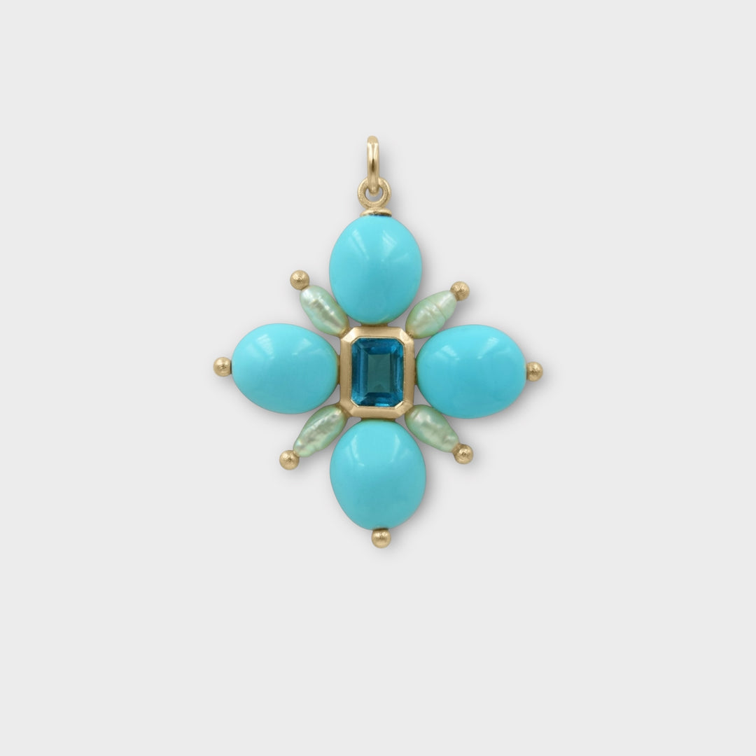 Kallos – Turquoise & Pearl Cross Pendant with Aquamarine - Helen Georgio