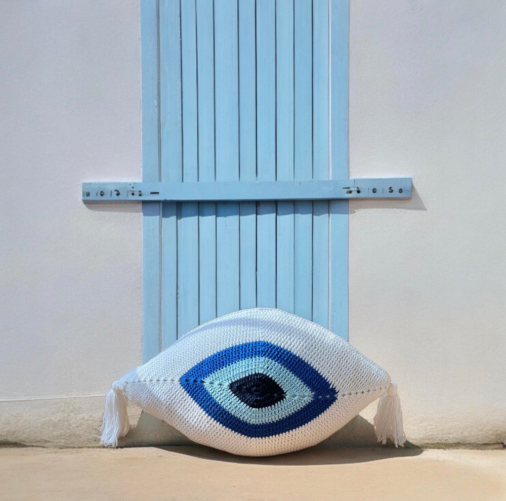 Handmade Crochet Evil Eye Pillow, Blue-White - Helen Georgio